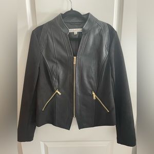 Kenneth Cole, faux, leather jacket with gold zippers and suede sleeves